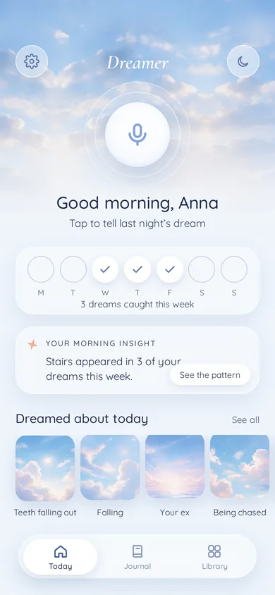 Dreamer home screen: tap the orb to tell last night’s dream